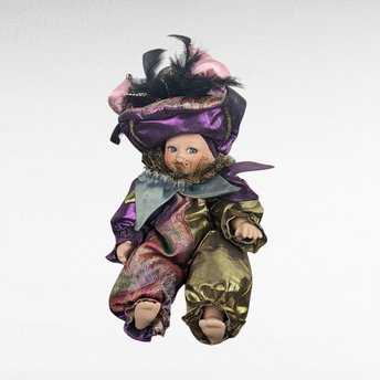 Vintage Baby Harlequin Jester Doll, 11 Inch Porcelain Doll, Collectible Clown Doll, Jester Decor, Unique Gift for Collectors