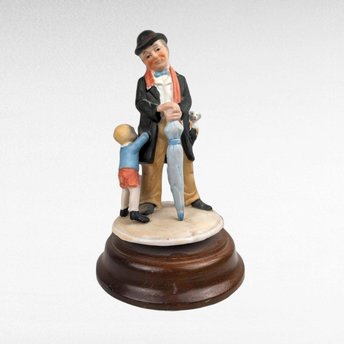 Vintage Albert Price Ceramic & Wood Music Box, Man and Child Figurine, Unknown Song, Collectible Music Box