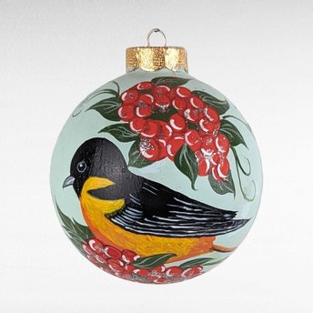 Vintage Round Glass Hand Painted Bird Ornament.