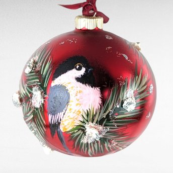 Vintage Hand Painted Chickadee Christmas Ornament, Red Glass Ornament,