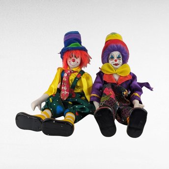 Vintage Ganz Circus Clown Shelf Sitter Doll Pair - Ceramic Hands, Feet, Head - Collectible