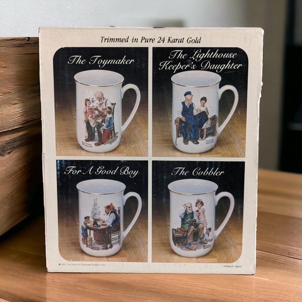 Vintage 1982 Norman Rockwell Mug Set | 4 Porcelain Coffee Mugs | 24k Gold Trim | Gift for Collectors