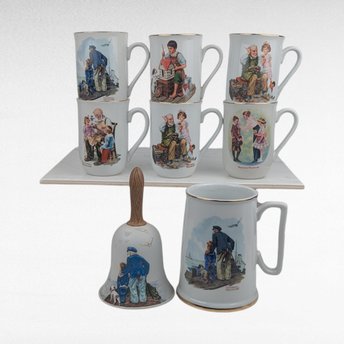 Vintage Norman Rockwell Mug and Bell Set, Seafarers Collection, Collectible Mugs, Kitchen Decor, Gift for Dad