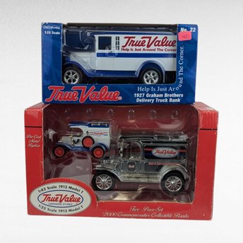 Vintage True Value Diecast Trucks - ERTL Model T Bank Set & Graham Bros. Truck - With Boxes