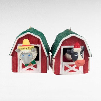 Vintage Enesco Farm Animal Ornaments, Bobblehead Cow and Sheep.