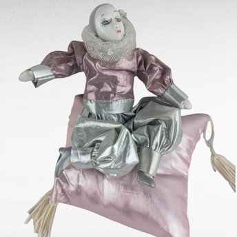 Vintage 6 Inch Harlequin Doll, Pink and Silver Jester Doll on Pillow, Collectible Clown Doll, Unique Gift for Collectors
