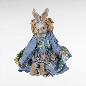 Vintage Mother Rabbit with Baby Bunnies Figurine | Ceramic and Cloth Rabbit Family | Easter Decor | Spring Decor | Nursery Decor