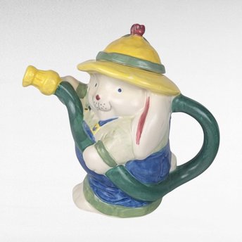 Treasure Craft Bunny with Hose Teapot, Handcrafted, Chip on Hat