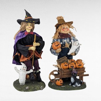 Vintage 13" Fabric Mache Scarecrow and Witch Figurines | Halloween Decor | Fall Decor | Collectible Figurines