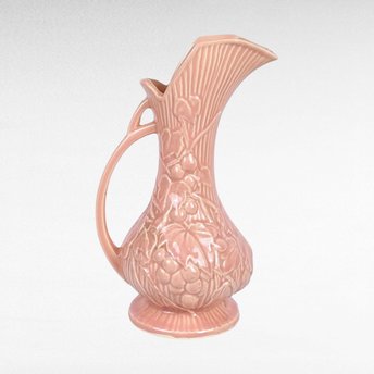 Vintage McCoy Pink Pitcher, Grape Design, 9 Inches Tall, Ceramic Vase, Mid-Century Modern, Retro Home Decor