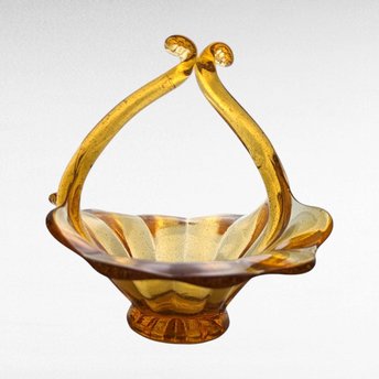 Vintage Amber Art Glass Basket | Hand Blown Glass Candy Dish | Mid Century Modern Decor