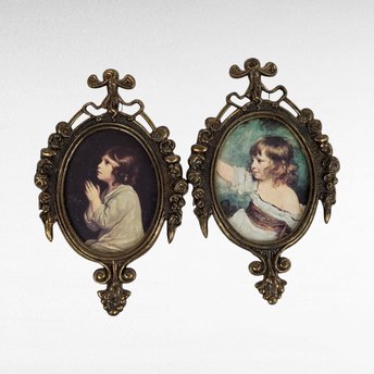 Vintage Pair of Italian Framed Children's Portraits | Ornate Metal Frames | Wall Decor | Nursery Art | Romantic Style | 6.25 Inches
