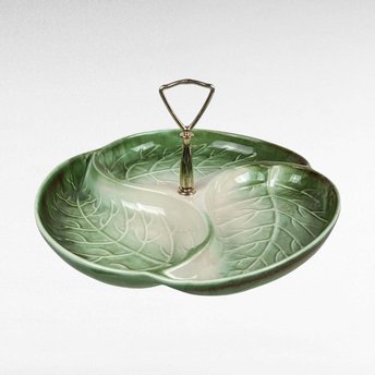 Vintage Royal Haeger Leaf Serving Tray | 3-Section Divided Dish | Green Ceramic with Gold Handle | Mid-Century Modern | 12.25 Inches