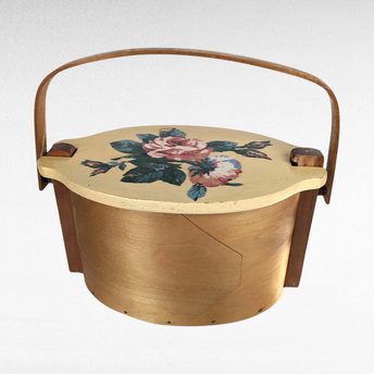 Vintage Putney Basketville Floral Basket | Hand-Painted Wooden Basket with Lid | Sewing Basket | Storage Basket | Cottagecore Decor