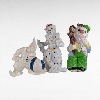 Vintage Ceramic Clown Figurine Lot | Hand Painted Clown, Clown with Ball, Clown with Violin | Retro Decor, Clown Collection, Quirky Gift