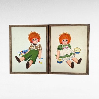 Vintage Carrot Top Boy and Girl Needlepoint, Framed Needlepoint Wall Art, Children's Decor, Nursery Decor, 19x15 Inches