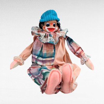 Vintage Handmade Wood Block Clown Doll, Plaid and Pink Outfit, Collectible Toy, Unique Gift
