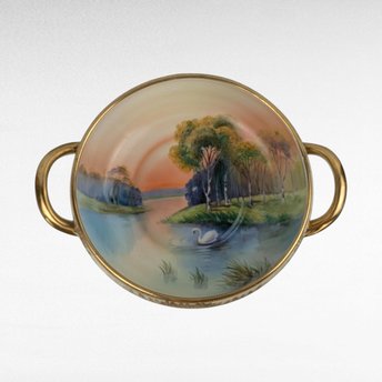 Antique Noritake Nippon Handpainted Bowl, Handled Serving Bowl, Lake Scene with Swan, Gold Trim, Japan