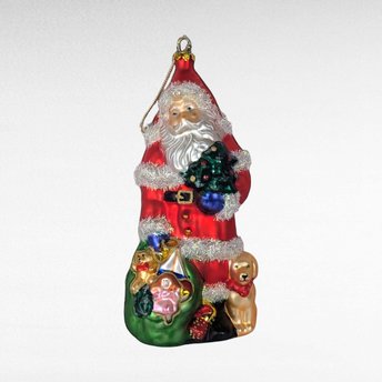 Vintage Large Glass Santa Ornament, Christmas Tree Ornament, Santa with Toys and Puppy, Holiday Decor, Figural Ornament