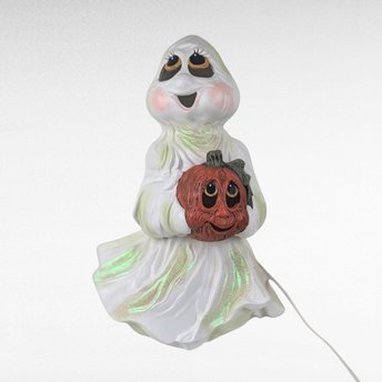 Vintage Holland Mold Ceramic Ghost Light, Halloween Decor, Jack O'Lantern, Ghost with Pumpkin, Collectible Figurine