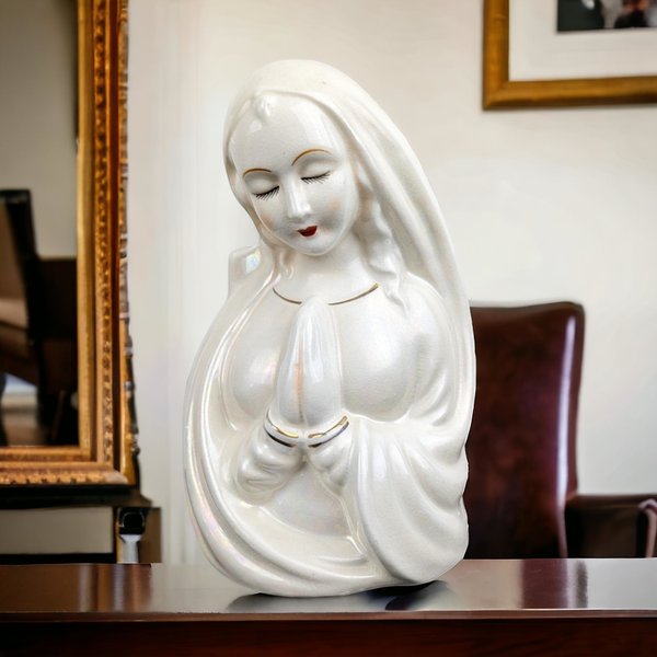 Vintage Iridescent Madonna Head Vase | Ceramic Virgin Mary Planter | Religious Decor | Mid-Century Modern
