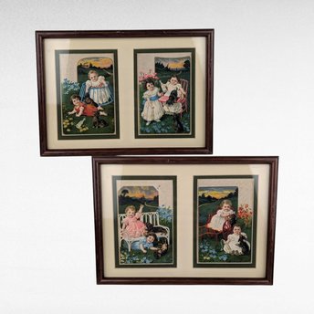 Pair of Vintage Framed Sasparilla Advertising Cards | Children & Dogs | Wall Decor | 10.5" x 8" | Set of 2