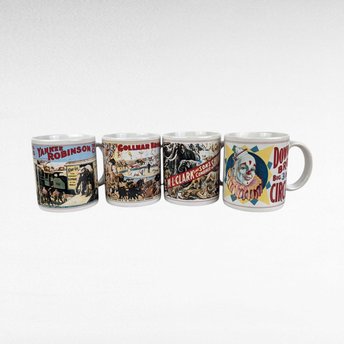 Vintage Flambro Ceramic Circus Poster Mugs, Set of 4 | Collectible Circus Mugs with Box | Retro Kitchen Decor | Gift for Circus Enthusiasts