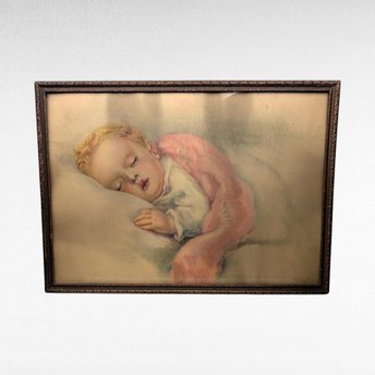 Vintage Bessie Pease Gutmann Baby Print, Framed Nursery Art, Sleeping Child Wall Decor