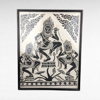 Vintage Framed Thai Goddess Rice Paper Art, Asian Wall Decor, Black and White Art, Thai Dancer Art, Buddhist Art, Spiritual Decor