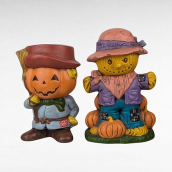 Vintage 1970s Hand Painted Scarecrow and Jack O'Lantern Figures - Halloween Decor - Fall Decor - Retro Figurines
