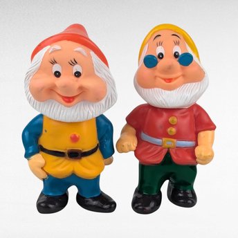 Vintage Disney Snow White and the Seven Dwarfs Doc and Happy Squeaky Toys, Collectible Disneyana, Cartoon Characters, Children's Toys