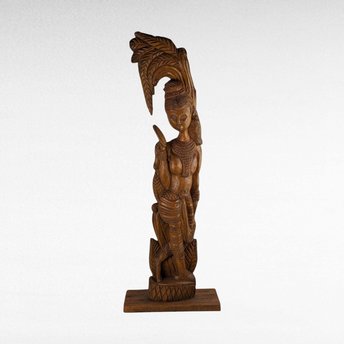 Vintage Hand-Carved Wooden Woman with Palm Frond Sculpture - 27" Tribal Art - Wood Statue - African Art
