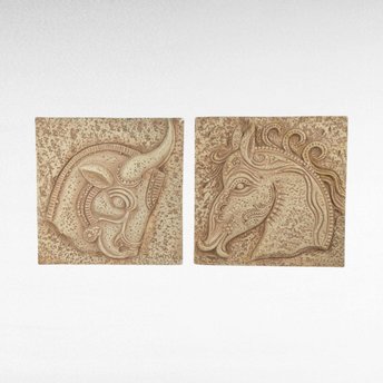 Pair of Vintage Z. Danjell Creations Greek Wall Plaques - Horse and Bull - Plaster Relief Art -  Classical Decor - Textured Wall Hangings