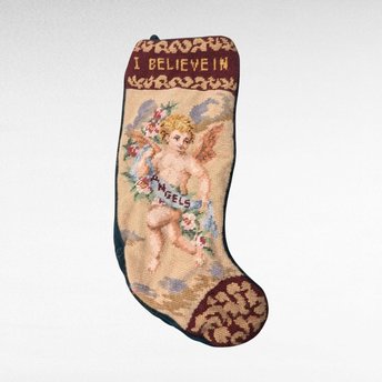Vintage Needlepoint Christmas Stocking, "I Believe in Angels" Cherub Design, 18.5" Handmade Stocking