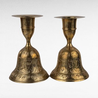 Vintage Brass Bell Candle Holders, Pair of Candlesticks, Etched Floral Design, 4" Tall, Table Decor