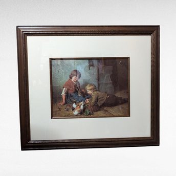 Large Framed Felix Schlesinger "Feeding the Rabbits" Print, Vintage Children's Art, 27.5" x 31.75"