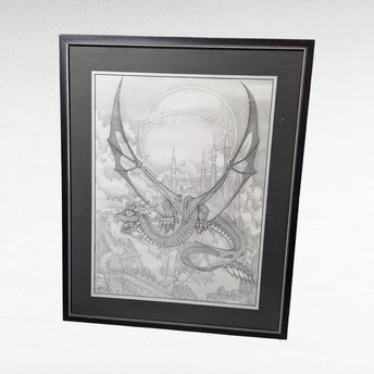 Vintage Dan Thompson Signed Fantasy Art Print, Dragon and Castle Scene, Framed, 30 x 24.25 Inches