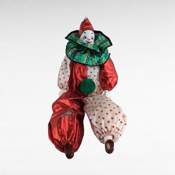 Vintage Smiling 18" Clown Doll in Red and Green. Porcelain with soft body.