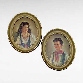 Vintage Ann Allaben Chico and Elena Prints, Framed Gypsy Boy and Girl Art, Wall Decor, Bohemian Decor, Children's Art