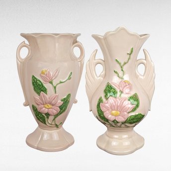 Pair of Imperfect Vintage Hull Pottery Magnolia Vases | Pink Hull Vases | Art Deco Floral Vases | 12.5 Inch Vases