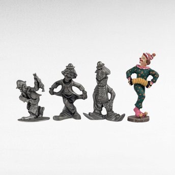 Vintage Pewter Clown Figurines Set, Metal Circus Clown Decor, Whimsical Clown Collection, Shelf Display