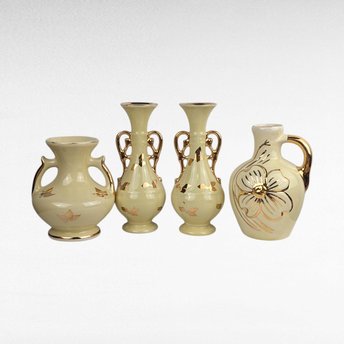 Vintage Yellow Ceramic Bud Vases - Art Deco Trio & MCM Pitcher Vase - Gold Accents