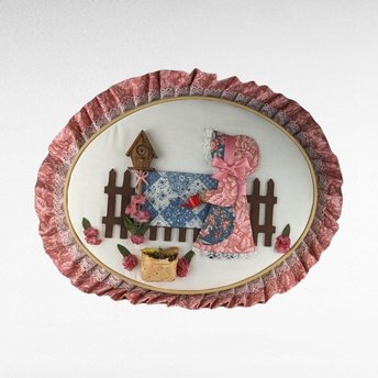 Vintage Quilted Wall Hanging | Girl in Garden Scene | Handmade Wall Decor | Country Home Decor