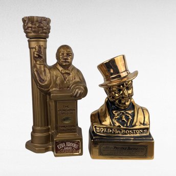 Vintage Old Mr. Boston Whiskey Decanter & 1969 Ezra Brooks Churchill Iron Curtain Speech Decanter, Empty, Collectible Barware, History Buff