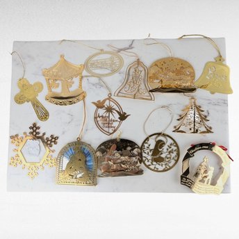 Vintage Gold Tone Christmas Ornaments, 14 Piece Holiday Decor Set, Classic Christmas Tree Ornaments, Gift for Ornament Collectors