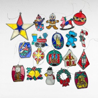 Vintage Hand Painted Stained Glass Look Christmas Ornaments, Set of 19, Colorful Holiday Decor, Gift for Collector