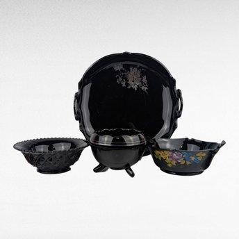 Vintage Black Glass Bowl Set, LE Smith Plate, Hand Painted Floral Bowl, Footed Bowl, Diamond Block Bowl, Gift for Collector, Home Decor