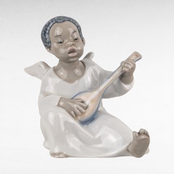 Vintage Lladro Black Legacy Angel Playing Lute Figurine, Cherub Music Angel, Collectible Lladro, Angel Decor, Gift for Music Lover
