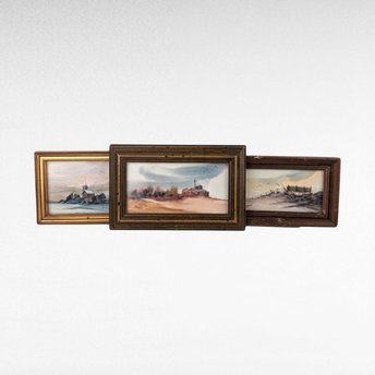 Vintage Kit Shoop Framed Miniature Watercolor Set, Original Art, Small Paintings, Landscape Art, Collectible Miniatures, Gift for Art Lover