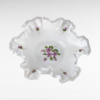 Vintage Fenton Violets in the Snow Milk Glass Dish | Ruffled Candy Dish | Trinket Dish | Collectible Glassware